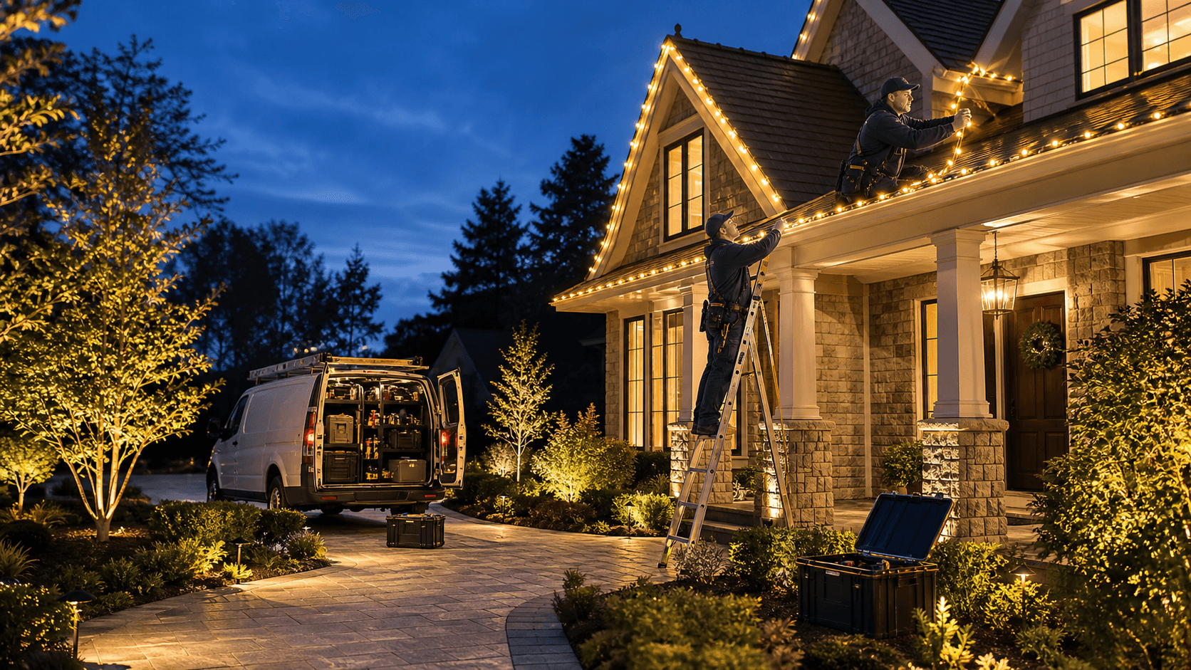 Professional installer hangs glowing multicolored holiday lights along a home's roofline at dusk.