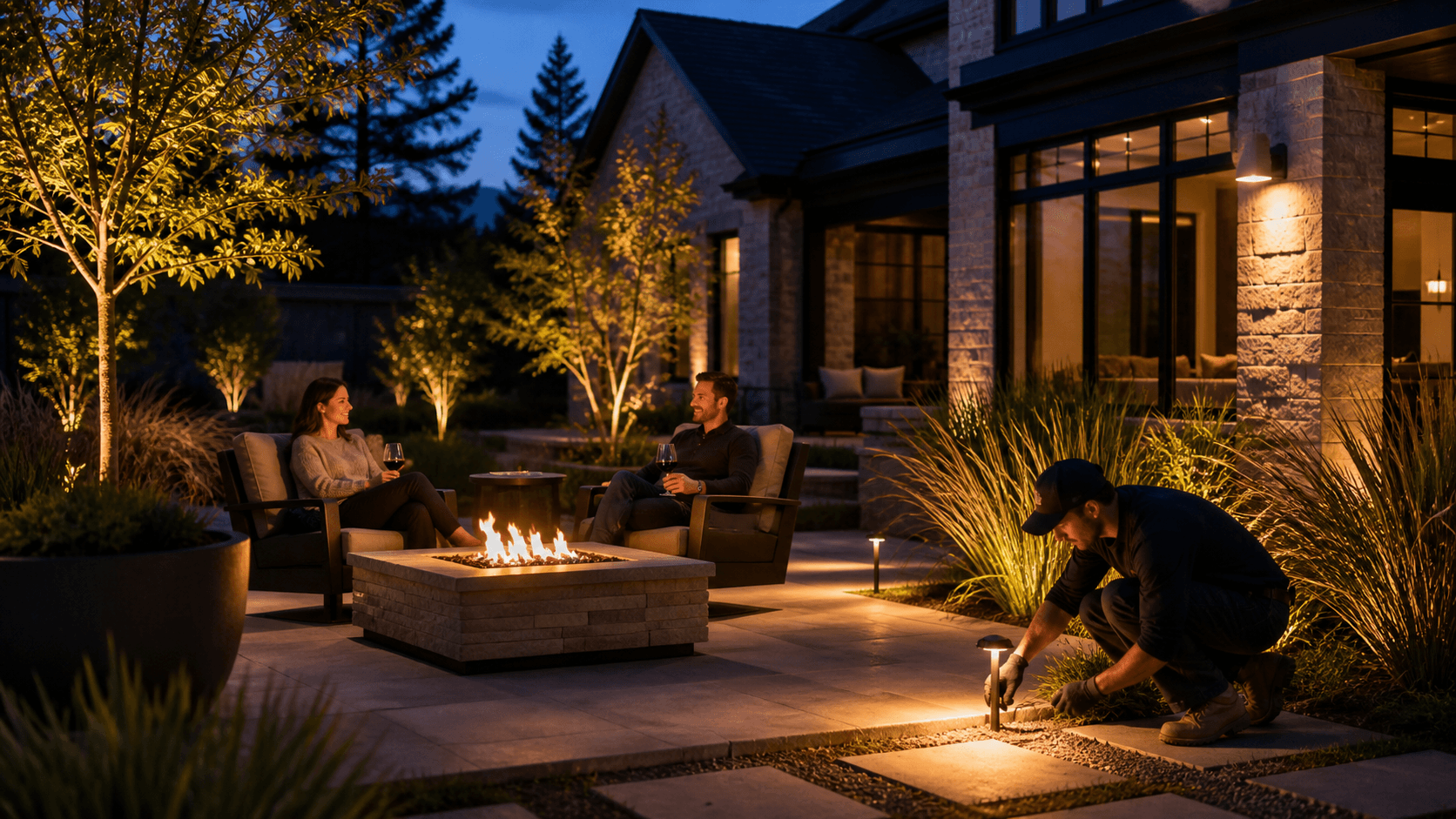 Warm string lights and lanterns illuminate chairs arranged around a glowing stone fire pit on a cozy patio.