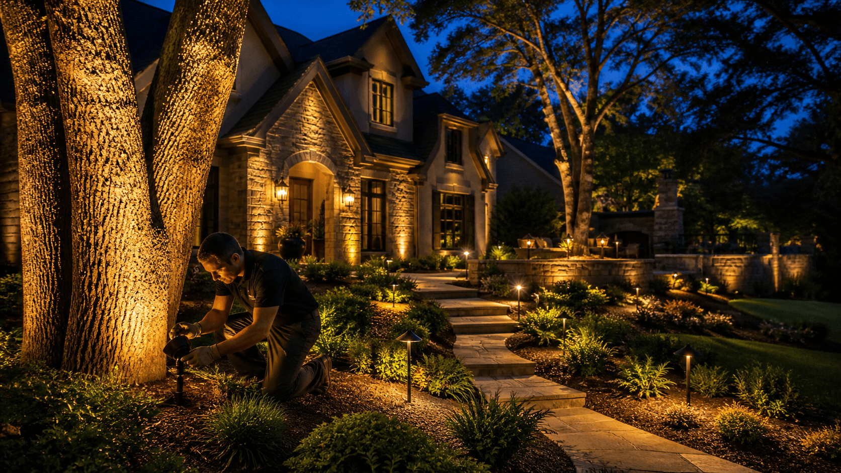 Layered warm lights illuminate a stone patio, shrubs, and trees in a landscaped backyard at dusk.
