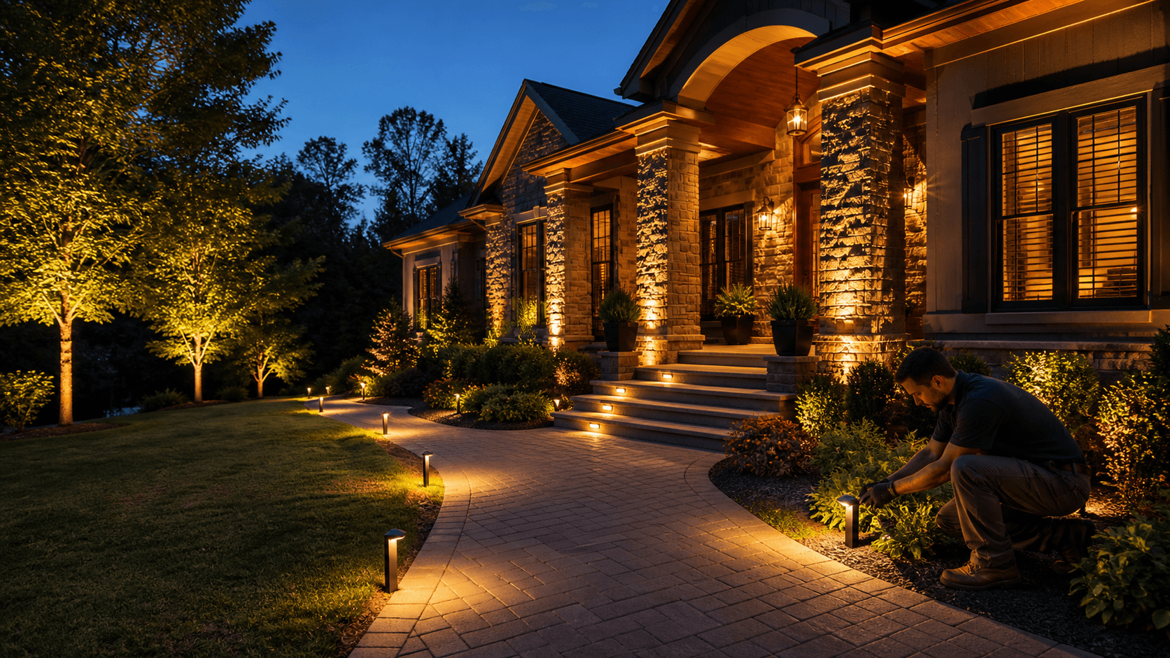 Warm exterior lights illuminate a stone walkway, shrubs, and a welcoming home entrance at dusk.
