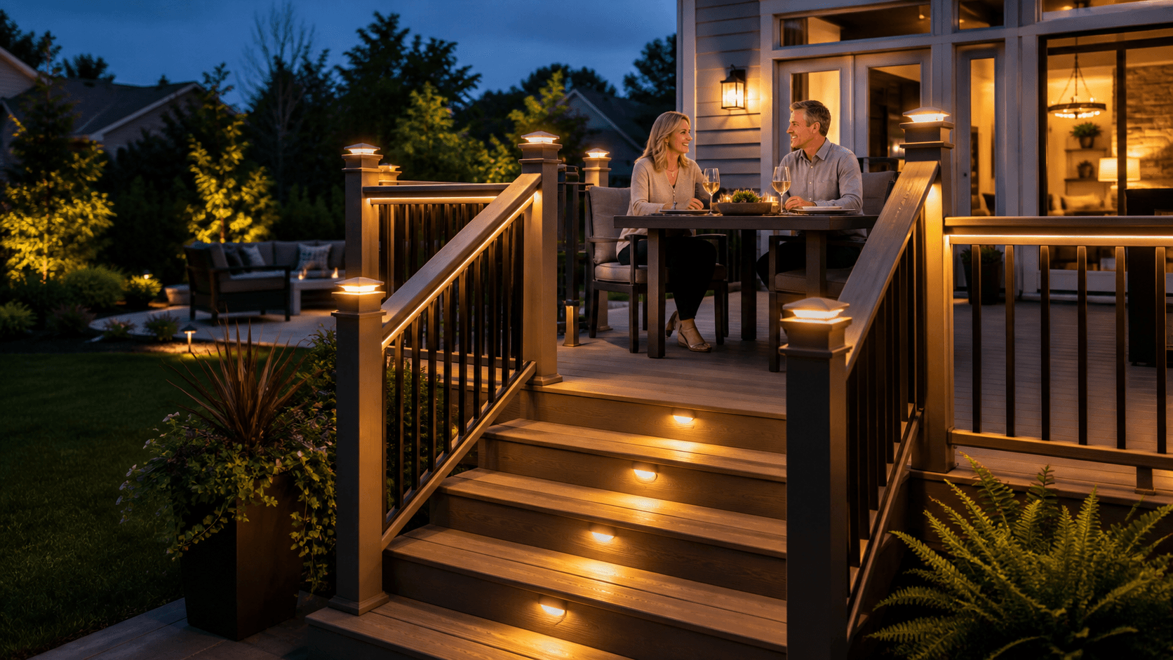 Warm deck at dusk with glowing rail lights, illuminated steps, and softly lit post caps.