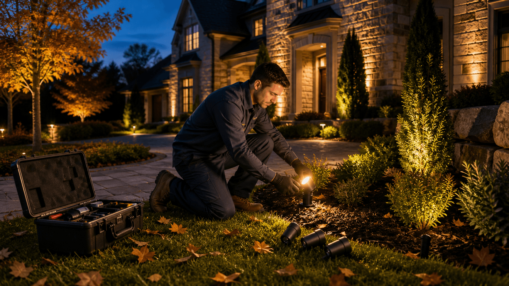 Warm LED pathway lights glow beside a leafy garden at dusk under a deep blue sky.