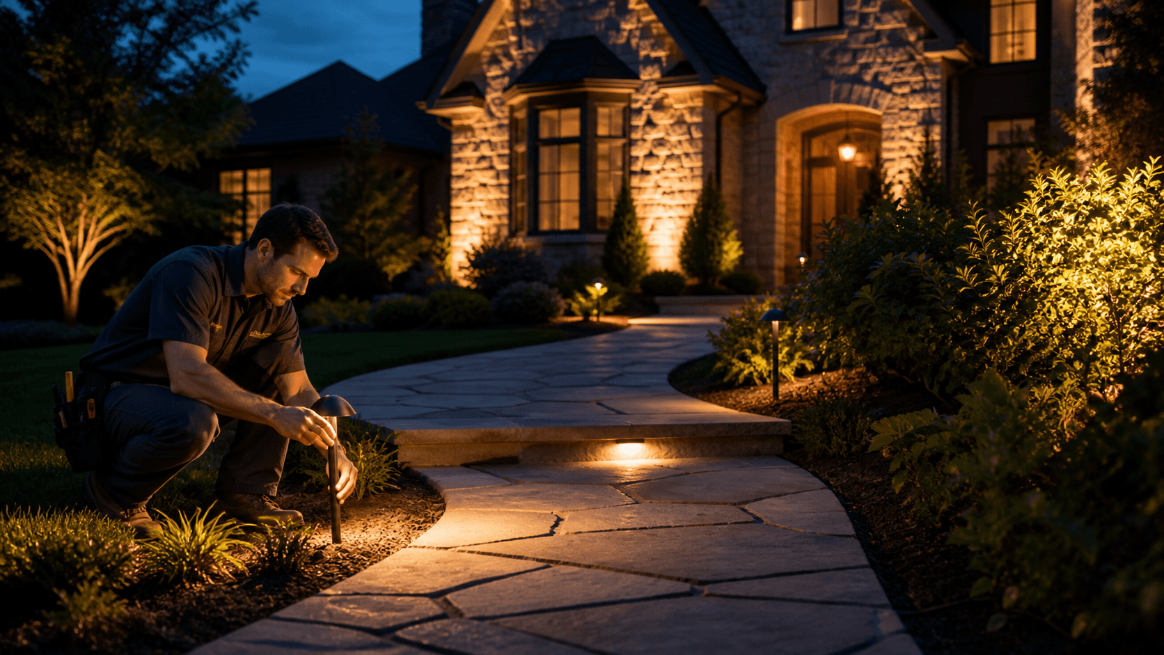 Dimly lit garden path with unevenly spaced glowing bollard lights casting harsh shadows on paving stones.