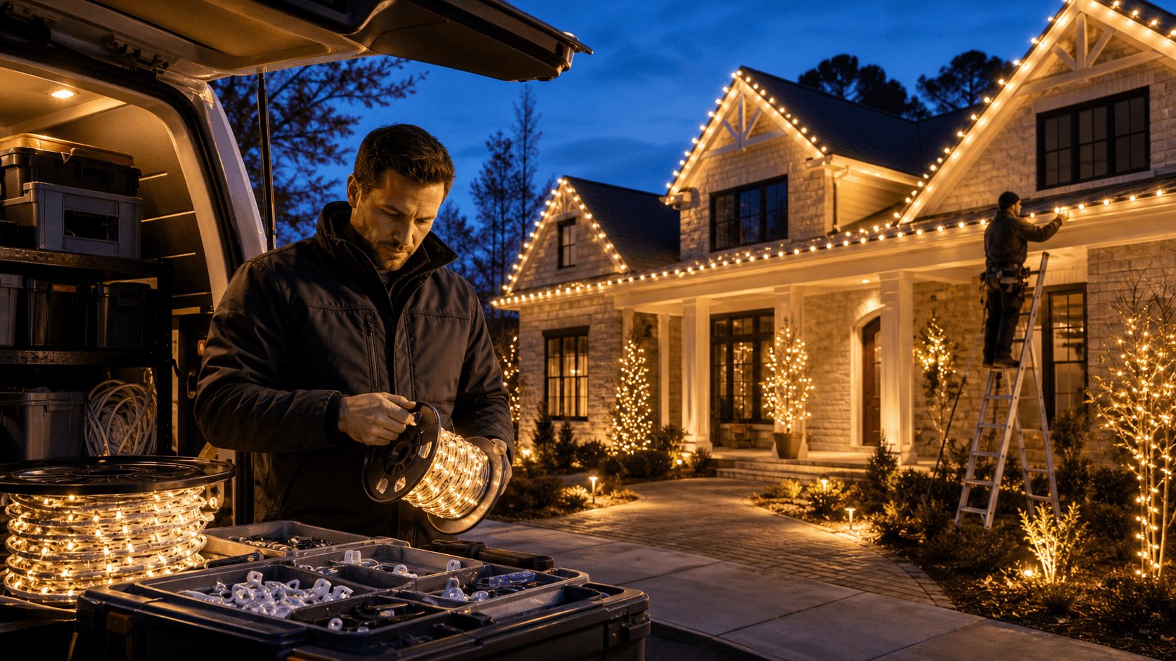 Glowing white Christmas lights outline a snow-dusted house at dusk, with warm windows and evergreen trees.
