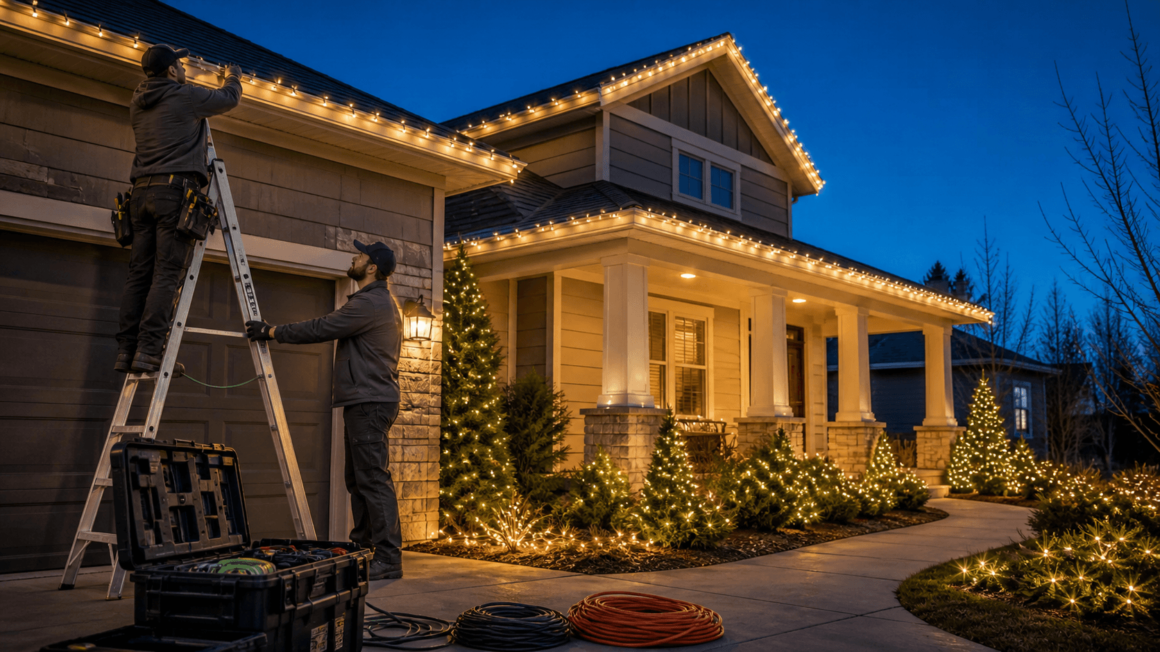 A house roofline glows with warm white holiday lights against a deep blue evening sky.